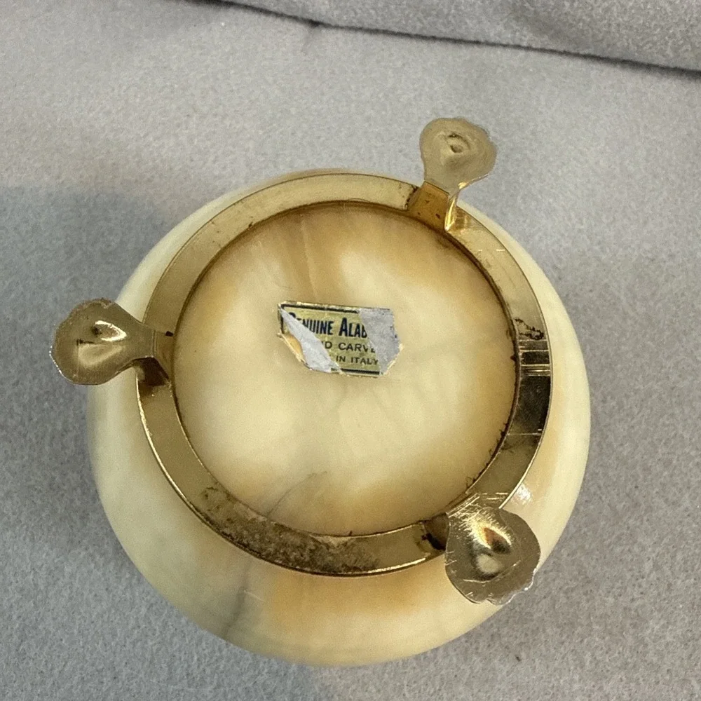 Vintage Italian Alabaster Jewelry Box Round Footed Brass Hinged Trinket Italy